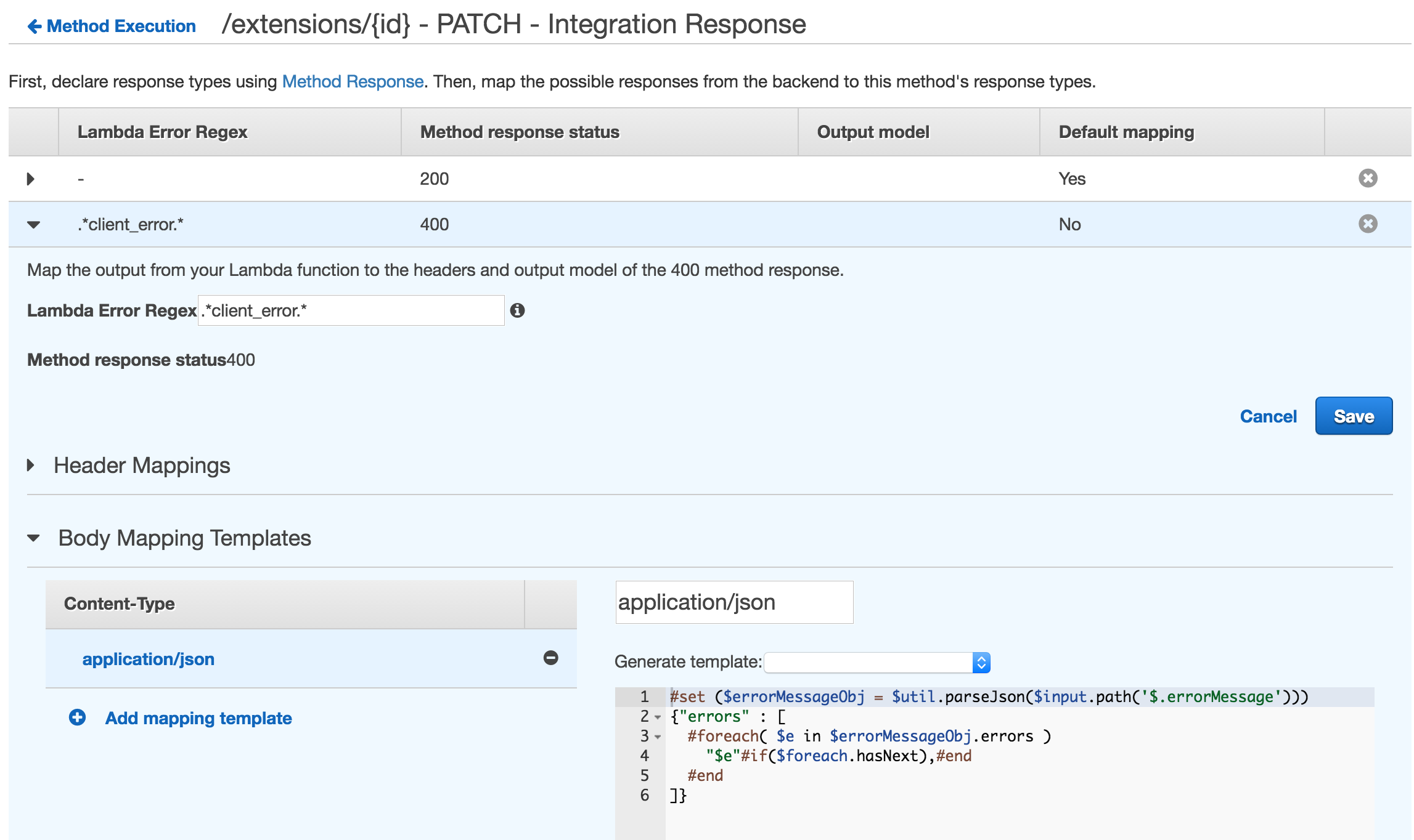 Amazon API Gateway integration response setup with several custom http status codes and mapping template