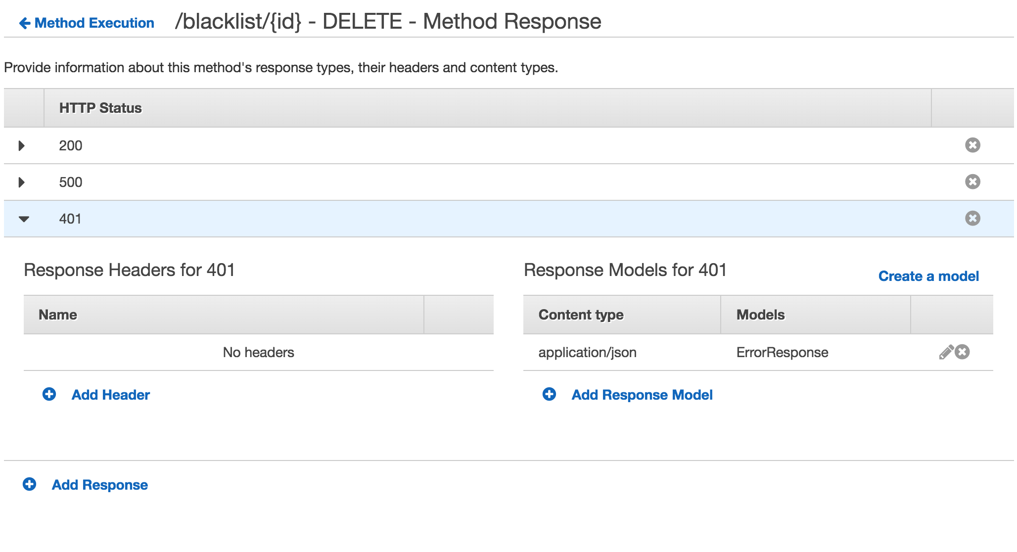 Amazon API Gateway Method Response setup with several custom http status codes
